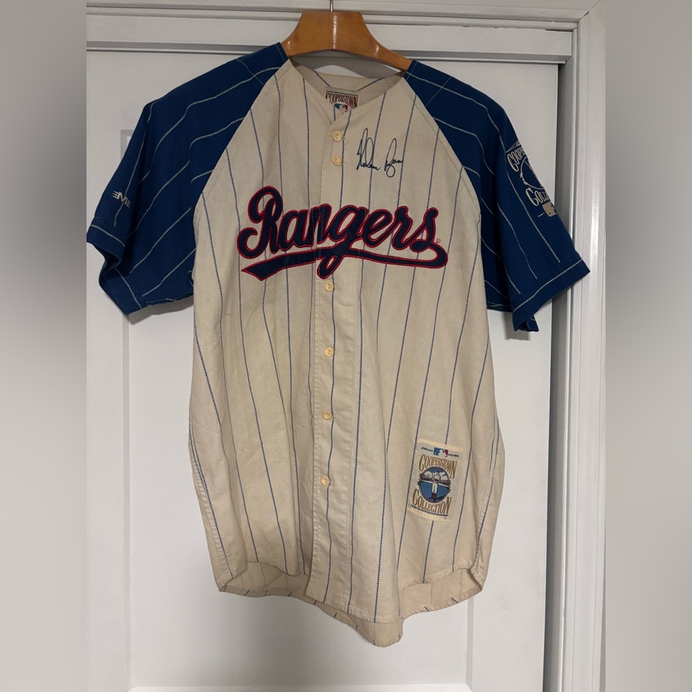 Nolan Ryan signed Rangers Pinstripe Baseball Jersey - Blue & Cream